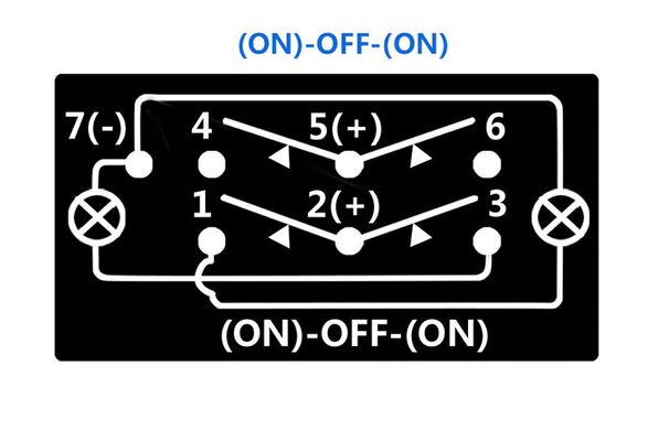 Тумблер трехпозиционный (ON)-OFF-(ON). В сборе. С подсветкой. (20А 12В) или (10А 24В). 7 контактов