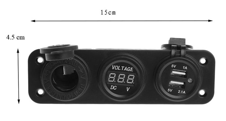 USB панель + Прикуриватель + Вольтметр с крышкой. Два USB гнезда: 1А и 2,1А. 5В. Индикатор питания