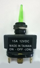 Тумблер трехпозиционный с зеленой подсветкой. 15 А. 12 Вольт. ON/OFF/ON (с возвратом)