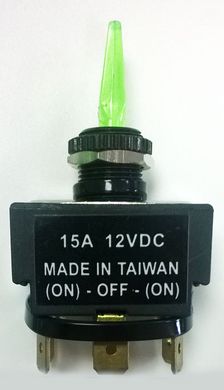 Тумблер трехпозиционный с зеленой подсветкой. 15 А. 12 Вольт. ON (с возвратом)/OFF/ON (с возвратом)